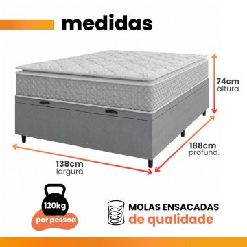 Cama Box Baú Casal Colchão Molas Ensacadas Pillow Top Perfect 138x188x74cm Cinza/Branco Umaflex - Su