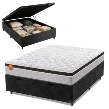 Cama Box Baú Casal Colchão Molas Ensacadas Real 138x188x68cm Preto / Cinza - Suporta até 130Kg por P