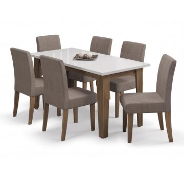 Conjunto de Mesa Sala de Jantar Miami com 6 Cadeiras Trieste Suede 1,60m Cedro / Off White / Mascavo