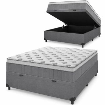 Cama Box Baú Casal Colchão Molas Ensacadas Ômega 138x188x73cm Cinza / Branco Hellen - Suporta até 11