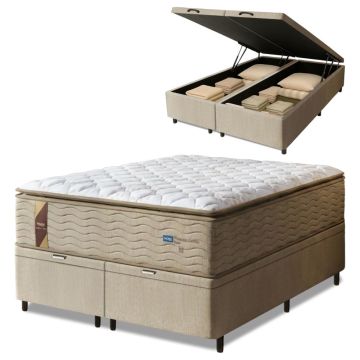 Cama Box Baú Colchão Casal Queen Probel Molas Guarda Costas Max Pillow Top 158x198x81cm Bege /Branco