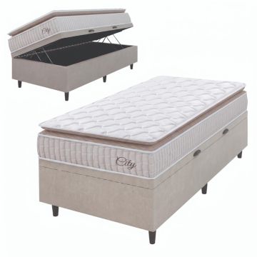 Cama Box Baú Colchão Solteiro Molas Ensacadas City Pillow Top 88x188x64cm Branco / Bege Hellen