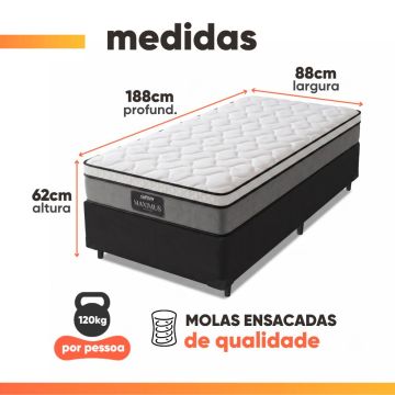 Cama Box Solteiro Colchão Gazin Maximus Molas Ensacadas 88x188x62cm Cinza / Preto - Suporta até 120K