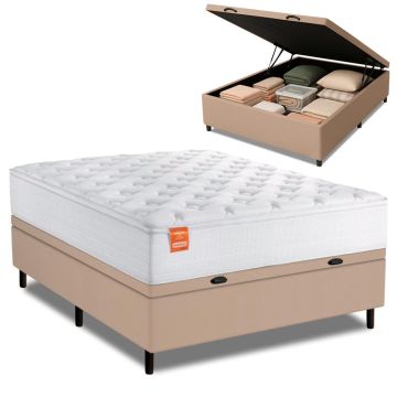 Cama Box Baú Colchão Casal Molas Ensacadas Real 138x188x68cm Branco / Bege Inducol - Suporta até 130