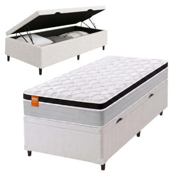 Cama Box Baú Colchão Solteiro Molas Ensacadas Real 88x188x68cm Branco / Preto Inducol -