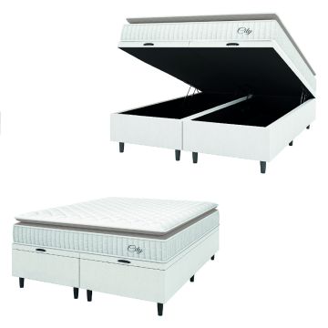 Cama Box Colchão Baú Casal King Molas Ensacadas City Pillow Top 193x203x64cm Branco / Bege Hel