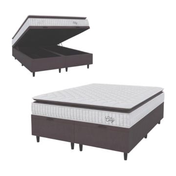 Cama Box Colchão Baú Casal King Molas Ensacadas City Pillow Top 193x203x64cm Cinza / Branco Hellen