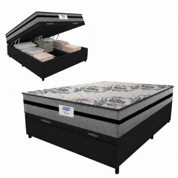 Cama Box Baú Casal Colchão Gazin Com Molas Ensacadas Rubi 138x188x73cm Suede Preto/Cinza