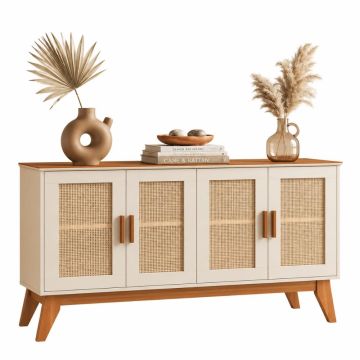 Balcão Buffet Aparador Retrô 4 Portas Rattan Andorra Madeirado / Off White EDN