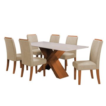 Conjunto de Mesa Sala de Jantar Tampo com Vidro 1,80m 6 Cadeiras Grécia Dobuê
