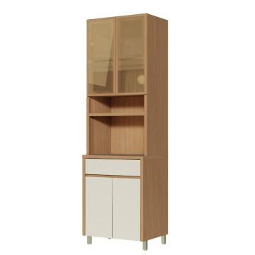 Armário De Cozinha Paneleiro Com Vidro Reflecta 4 Portas 1 Gaveta 100% Mdf Cléo Madeirado/Off White