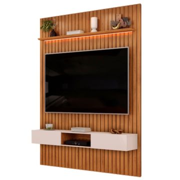 Painel Para TV Até 65 Polegadas 1,83m Ripado Autêntico Com Led e Nicho Montreal Madeirado/Off White